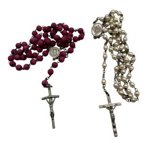 Catholic Rosary Lot 2 Rosaries Wood Pearl Beads Crucifix Medal Prayer